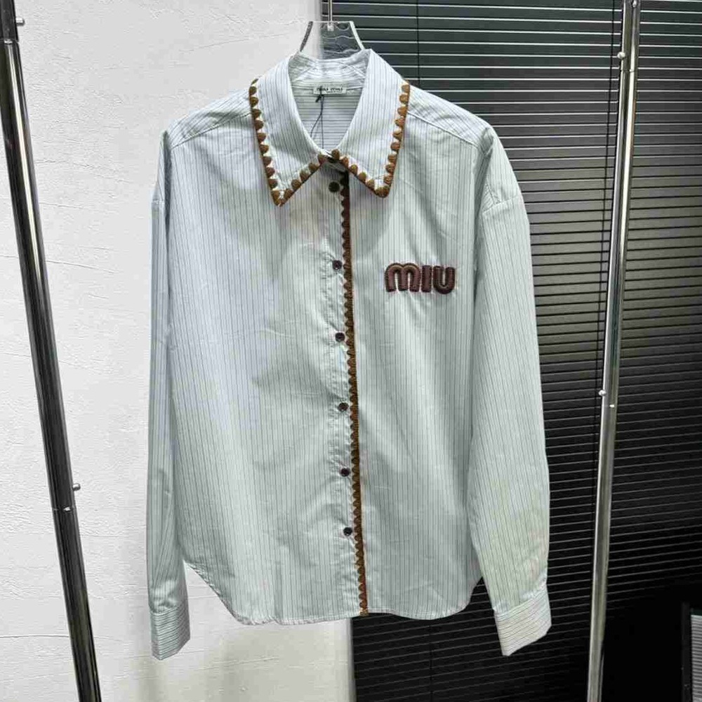Miu Miu White Striped Shirt with Brown Accents